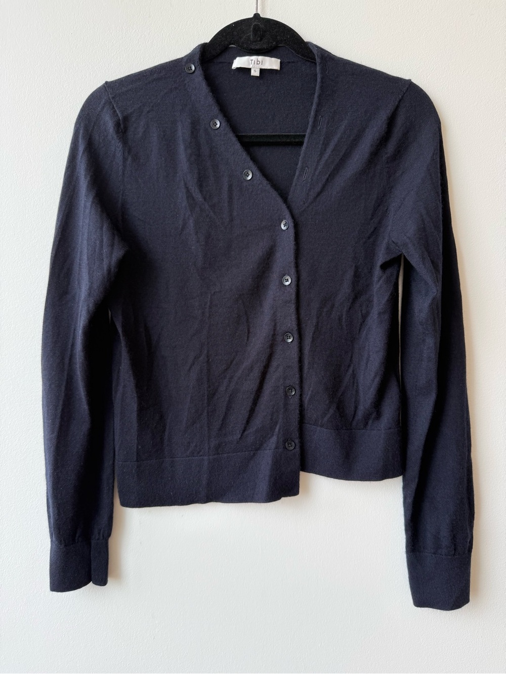 Tibi Navy Cashmere Silk Asymmetrical Cardigan